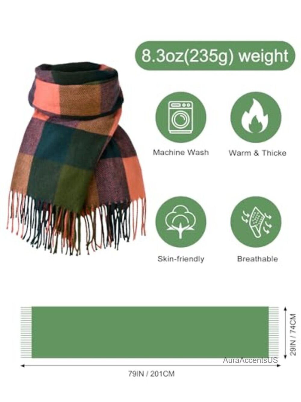 Winter Scarf for Women Plaid Tassel Shawl Wrap Acrylic - Picture 2 of 6